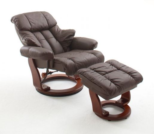 Relaxsessel Calgary in braun Leder und Walnuss mit Hocker Funktionssessel 90 x 104 cm Schlafsessel Fernsehsessel