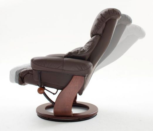 Relaxsessel Calgary in braun Leder und Walnuss mit Hocker Funktionssessel 90 x 104 cm Schlafsessel Fernsehsessel
