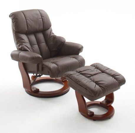 Relaxsessel Calgary in braun Leder und Walnuss mit Hocker Funktionssessel 90 x 104 cm Schlafsessel Fernsehsessel