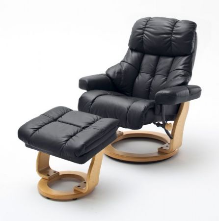 Relaxsessel Calgary XXL in schwarz Leder und Natur mit Hocker Funktionssessel bis 180 kg Schlafsessel Fernsehsessel