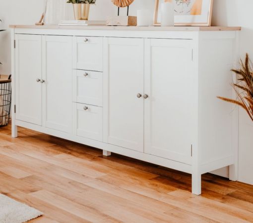 Sideboard Bergen in wei und Artisan Eiche Landhaus Anrichte 180 x 90 cm Kommode