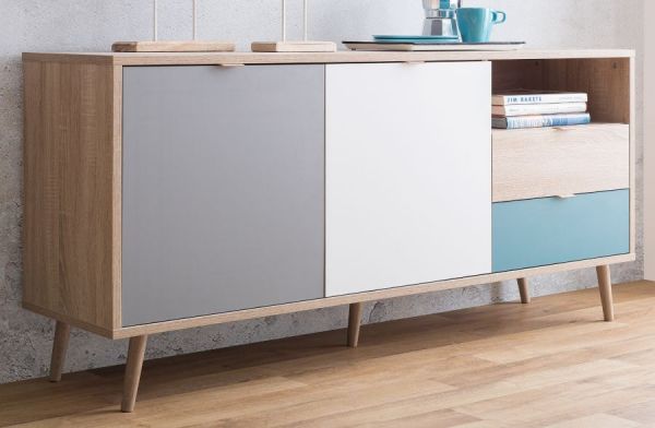 Sideboard Cuba in Sonoma Eiche hell mit Petrol, Wei und Grau skandinavische Kommode Tricolor 150 x 71 cm