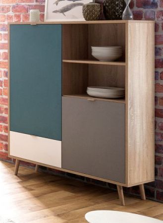 Highboard Cuba in Sonoma Eiche hell mit Petrol, Wei und Grau skandinavische Kommode Tricolor 103 x 139 cm Anrichte