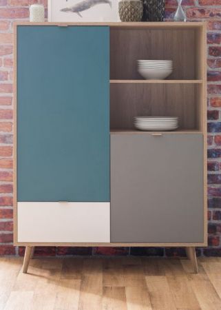 Highboard Cuba in Sonoma Eiche hell mit Petrol, Wei und Grau skandinavische Kommode Tricolor 103 x 139 cm Anrichte