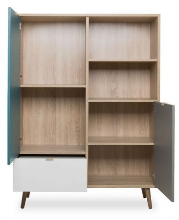 Highboard Cuba in Sonoma Eiche hell mit Petrol, Wei und Grau skandinavische Kommode Tricolor 103 x 139 cm Anrichte