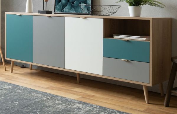 Sideboard Cuba in Sonoma Eiche hell mit Petrol, Wei und Grau skandinavische Anrichte Tricolor 180 x 71 cm Kommode