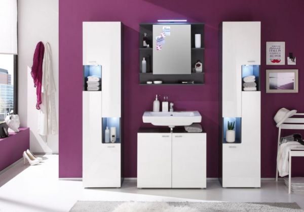 Badezimmer Waschbeckenunterschrank "Tetis" in weiß Hochglanz und Graphit grau Badschrank 72 x 61 cm
