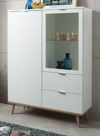 Highboard Gteborg in matt wei mit Sonoma Eiche massiv Vitrine skandinavisch 100 x 140 cm