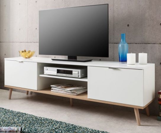 TV-Lowboard Göteborg in matt weiß mit Sonoma Eiche massiv Fernsehtisch skandinavisch 160 x 51 cm TV-Unterteil