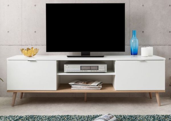 TV-Lowboard Göteborg in matt weiß mit Sonoma Eiche massiv Fernsehtisch skandinavisch 160 x 51 cm TV-Unterteil