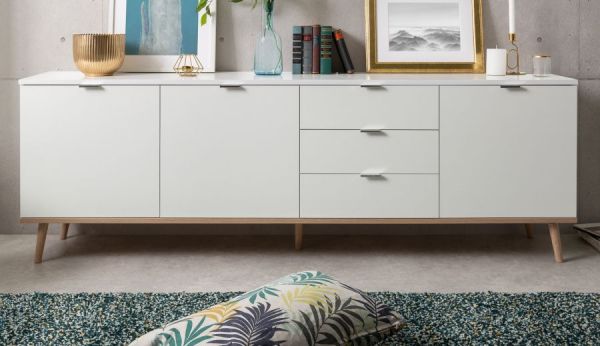 Sideboard Lundby in matt wei� mit Sonoma Eiche massiv Kommode skandinavisch 200 x 68 cm Anrichte
