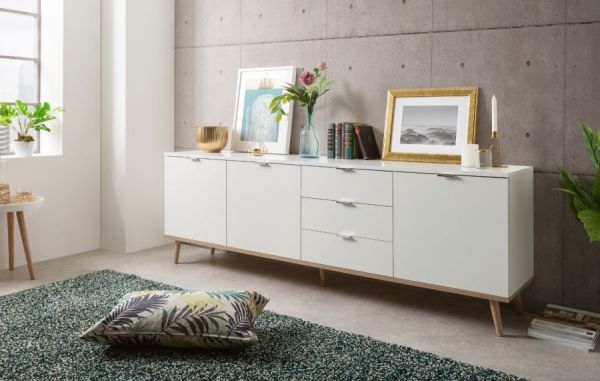 Sideboard Lundby in matt wei� mit Sonoma Eiche massiv Kommode skandinavisch 200 x 68 cm Anrichte