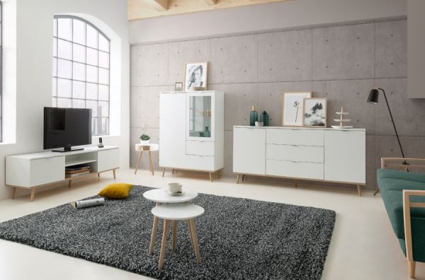 Sideboard Lundby in matt wei� mit Sonoma Eiche massiv Kommode skandinavisch 200 x 68 cm Anrichte