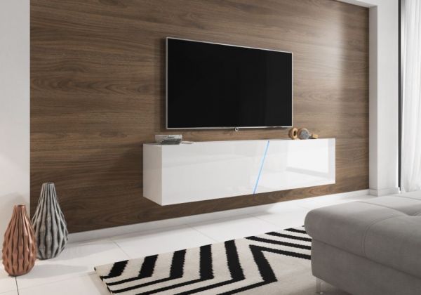 TV Lowboard "Space" in weiß Hochglanz Lack TV Unterteil hängend / stehend 160 cm mit LED