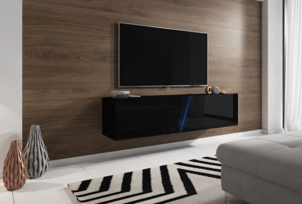 TV Lowboard "Space" in schwarz Hochglanz Lack TV Unterteil hängend / stehend 160 cm mit LED