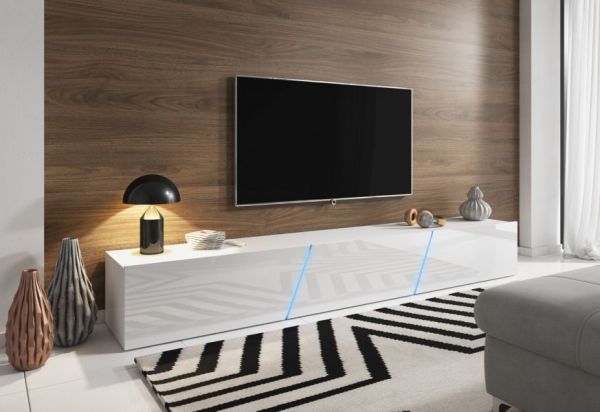 TV Lowboard "Space" in weiß Hochglanz Lack TV Unterteil hängend / stehend XXL-Board 240 cm mit LED