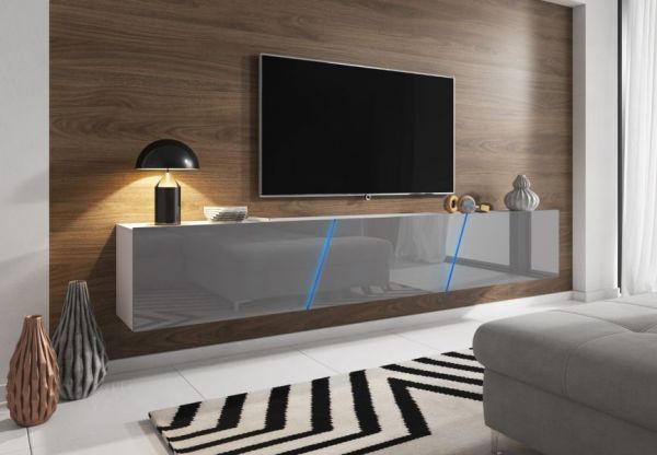 TV Lowboard "Space" in grau Hochglanz Lack TV Unterteil hängend / stehend XXL-Board 240 cm mit LED