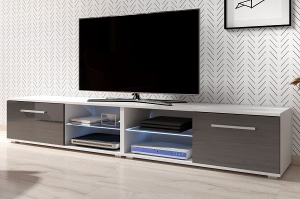 TV Lowboard "Earth" in grau Hochglanz und weiß mit LED Beleuchtung 200 x 36 cm