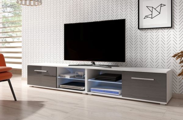 TV Lowboard "Earth" in grau Hochglanz und weiß mit LED Beleuchtung 200 x 36 cm
