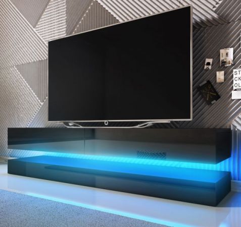 TV Lowboard "Bird" in schwarz Hochglanz 2-teilig 140 x 45 cm hängend mit Beleuchtung