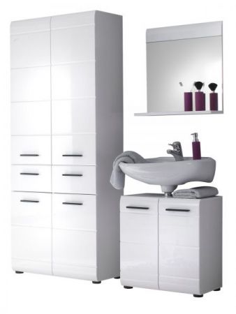 Badmöbel Set "Skin" 3-teilig weiß Hochglanz 145 x 182 cm mit Hochschrank, Spiegel und Waschbeckenunterschrank