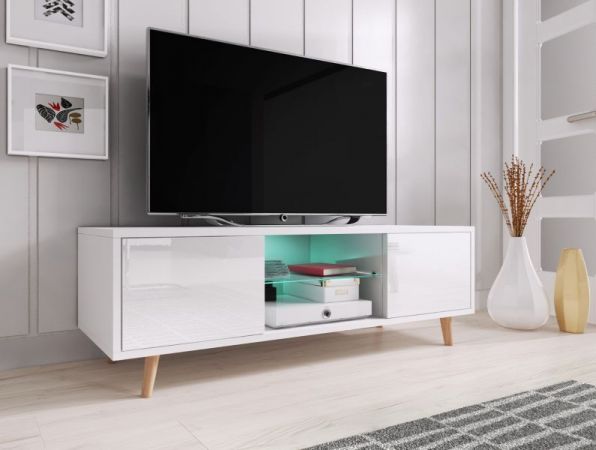 TV-Lowboard "Norway-1" in weiß Hochglanz - Fernsehtisch skandinavisch 140 x 45 cm