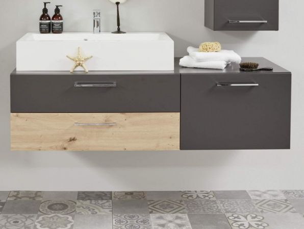 Waschbeckenunterschrank One in grau matt Lack und Eiche / Asteiche Badmöbel Unterschrank 140 x 39 cm