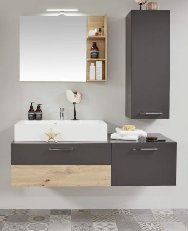Waschbeckenunterschrank One in grau matt Lack und Eiche / Asteiche Badmöbel Unterschrank 140 x 39 cm