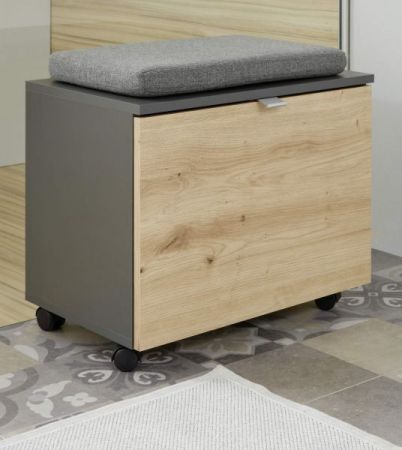 Badezimmer Sitzcontainer One in grau matt Lack und Eiche / Asteiche Badmöbel Hocker auf Rollen 55 x 47 cm