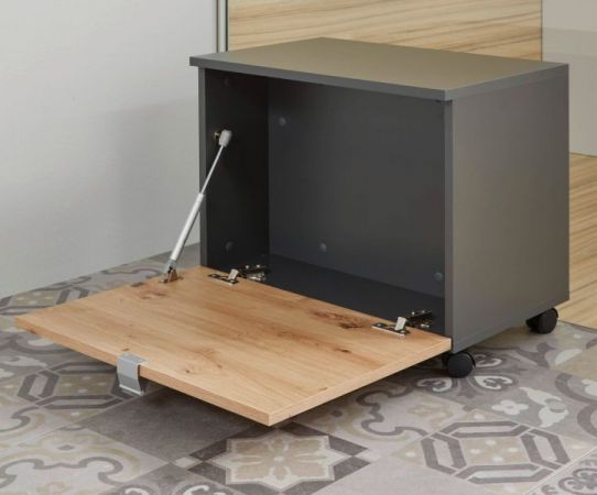 Badezimmer Sitzcontainer One in grau matt Lack und Eiche / Asteiche Badmöbel Hocker auf Rollen 55 x 47 cm