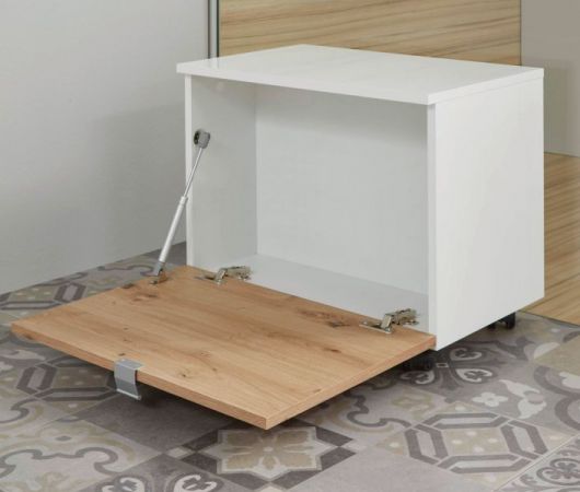 Badezimmer Sitzcontainer One in Hochglanz weiß Lack und Eiche / Asteiche Badmöbel Hocker auf Rollen 55 x 47 cm