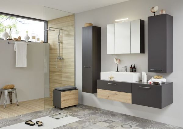 Badezimmer Hochschrank One in grau matt Lack Badschrank mit Spiegel innen 35 x 160 cm Badmöbel