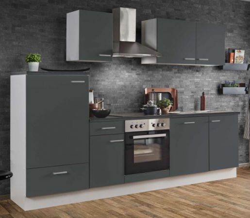 Küchenblock Einbauküche "White Classic" Graphit grau inkl. E-Geräte und Geschirrspüler 280 cm
