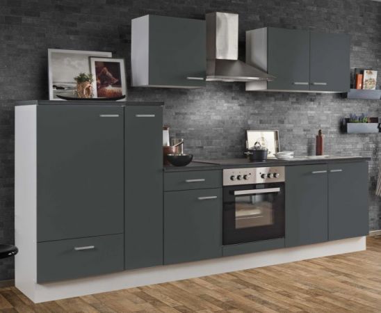 Küchenblock White Classic in Graphit grau Einbauküche inkl. E-Geräte und Apothekerschrank 300 cm