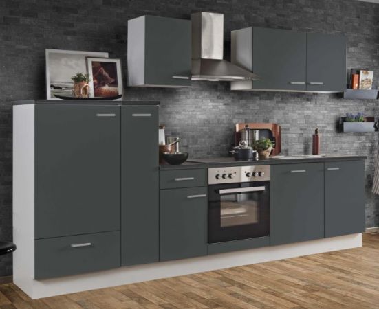 Küchenblock White Classic in Graphit grau Einbauküche inkl. E-Geräte + Geschirrspüler und Apothekerschrank 300 cm