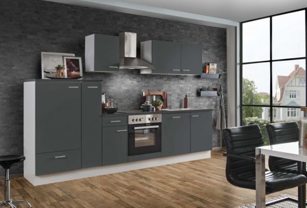 Küchenblock "White Classic" in Graphit grau Einbauküche inkl. E-Geräte + Geschirrspüler und Apothekerschrank 300 cm