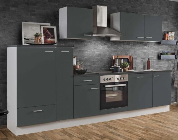 Küchenblock "White Classic" in Graphit grau Einbauküche inkl. E-Geräte + Geschirrspüler und Apothekerschrank 310 cm