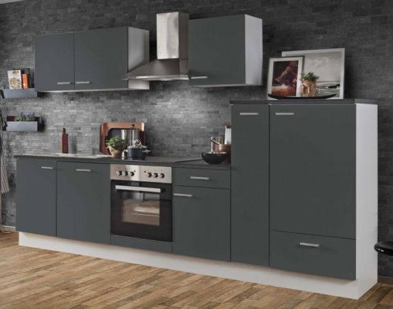 Küchenblock "White Classic" in Graphit grau Einbauküche inkl. E-Geräte + Geschirrspüler und Apothekerschrank 310 cm
