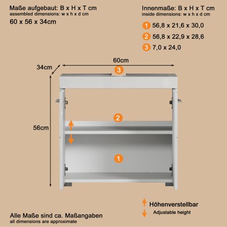 Badezimmer Waschbeckenunterschrank Adamo in wei� Hochglanz Badschrank 2-t�rig 60 x 56 cm