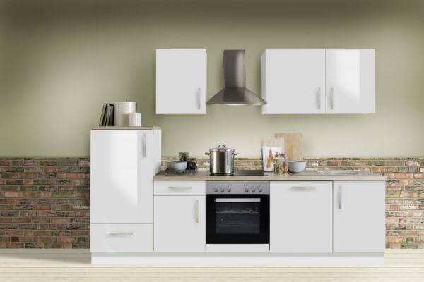 Küchenblock "White Premium" in weiß Hochglanz Lack Einbauküche inkl. E-Geräte und Geschirrspüler 280 cm