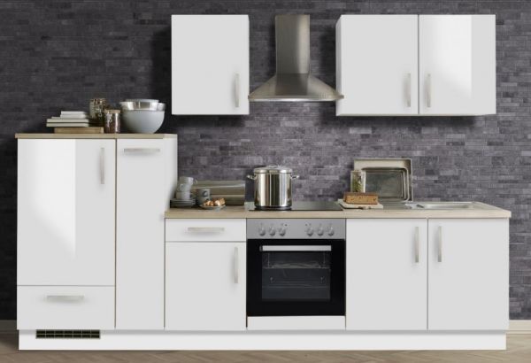 Küchenblock White Premium in weiß Hochglanz Lack Einbauküche inkl. E-Geräte und Apothekerschrank 300 cm
