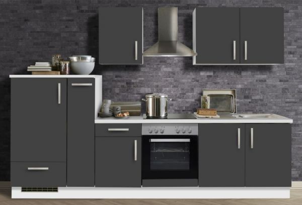 Küchenblock White Premium in Schiefer grau Einbauküche inkl. E-Geräte und Apothekerschrank 300 cm