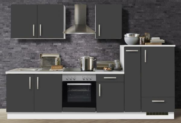 Küchenblock "White Premium" in Schiefer grau Einbauküche inkl. E-Geräte und Apothekerschrank 300 cm