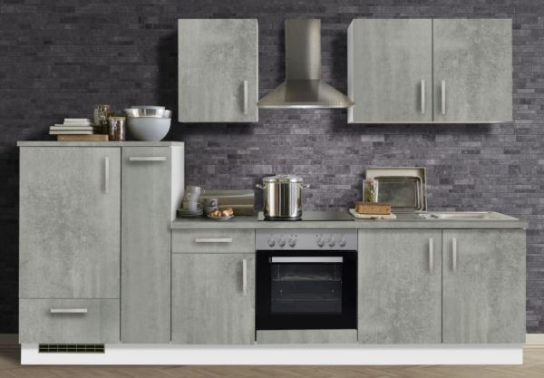 Küchenblock "White Premium" in Beton-Optik Einbauküche inkl. E-Geräte und Apothekerschrank 300 cm