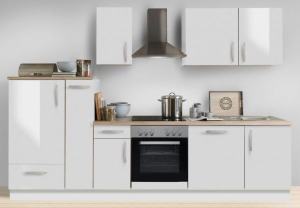 Küchenblock White Premium in weiß Hochglanz Lack Einbauküche inkl. E-Geräte + Geschirrspüler und Apothekerschrank 300 cm