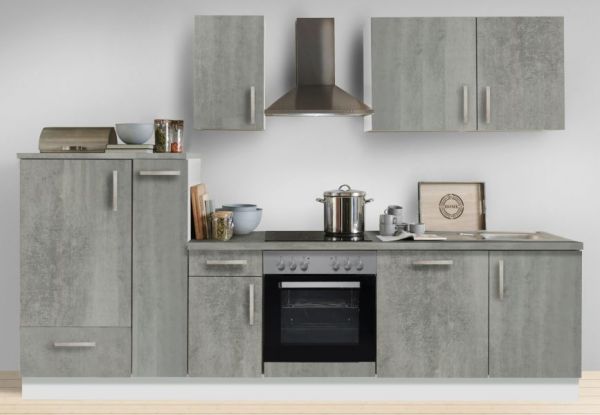Küchenblock White Premium in Beton-Optik Einbauküche inkl. E-Geräte + Geschirrspüler und Apothekerschrank 300 cm