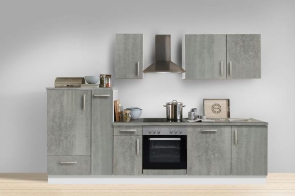 Küchenblock "White Premium" in Beton-Optik Einbauküche inkl. E-Geräte + Geschirrspüler und Apothekerschrank 300 cm