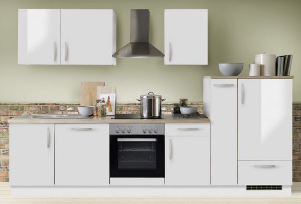 Küchenblock "White Premium" in weiß Hochglanz Lack Einbauküche inkl. E-Geräte + Geschirrspüler und Apothekerschrank 310 cm