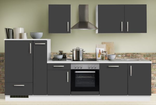 Küchenblock Einbauküche "White Premium" Schiefer grau inkl. E-Geräte + Geschirrspüler und Apothekerschrank 310 cm