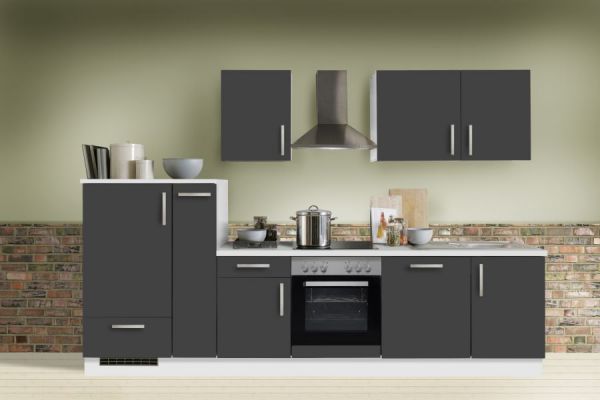 Küchenblock "White Premium" in Schiefer grau Einbauküche inkl. E-Geräte + Geschirrspüler und Apothekerschrank 310 cm